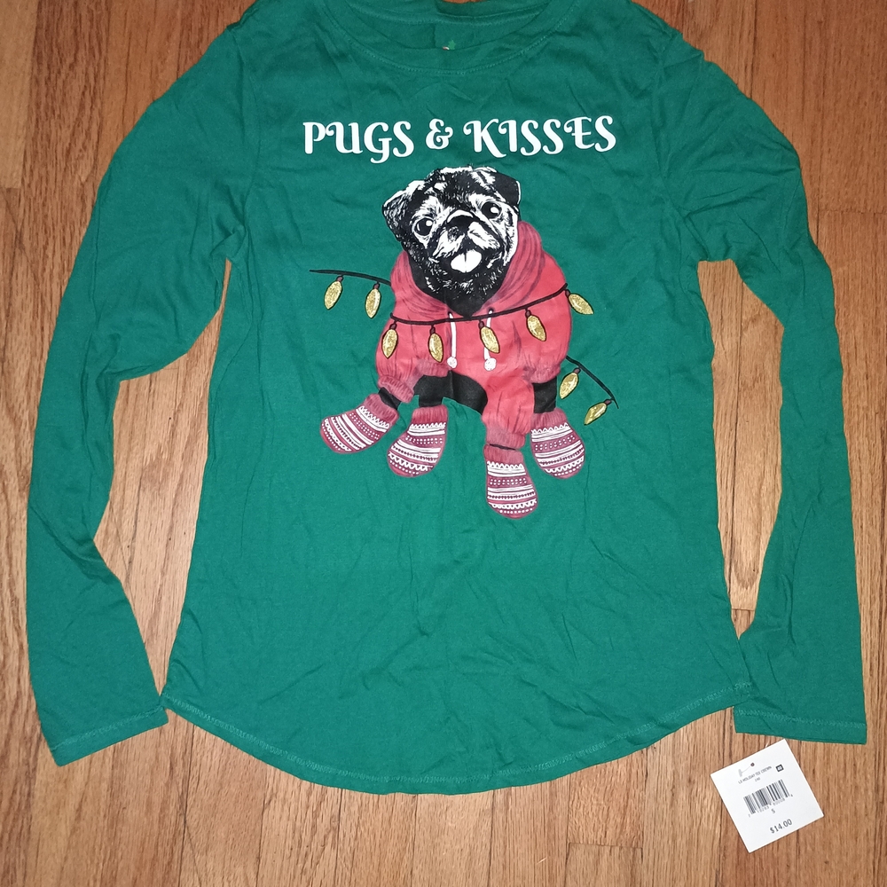 👗 (B3G1) Green Pug Graphic Christmas Top